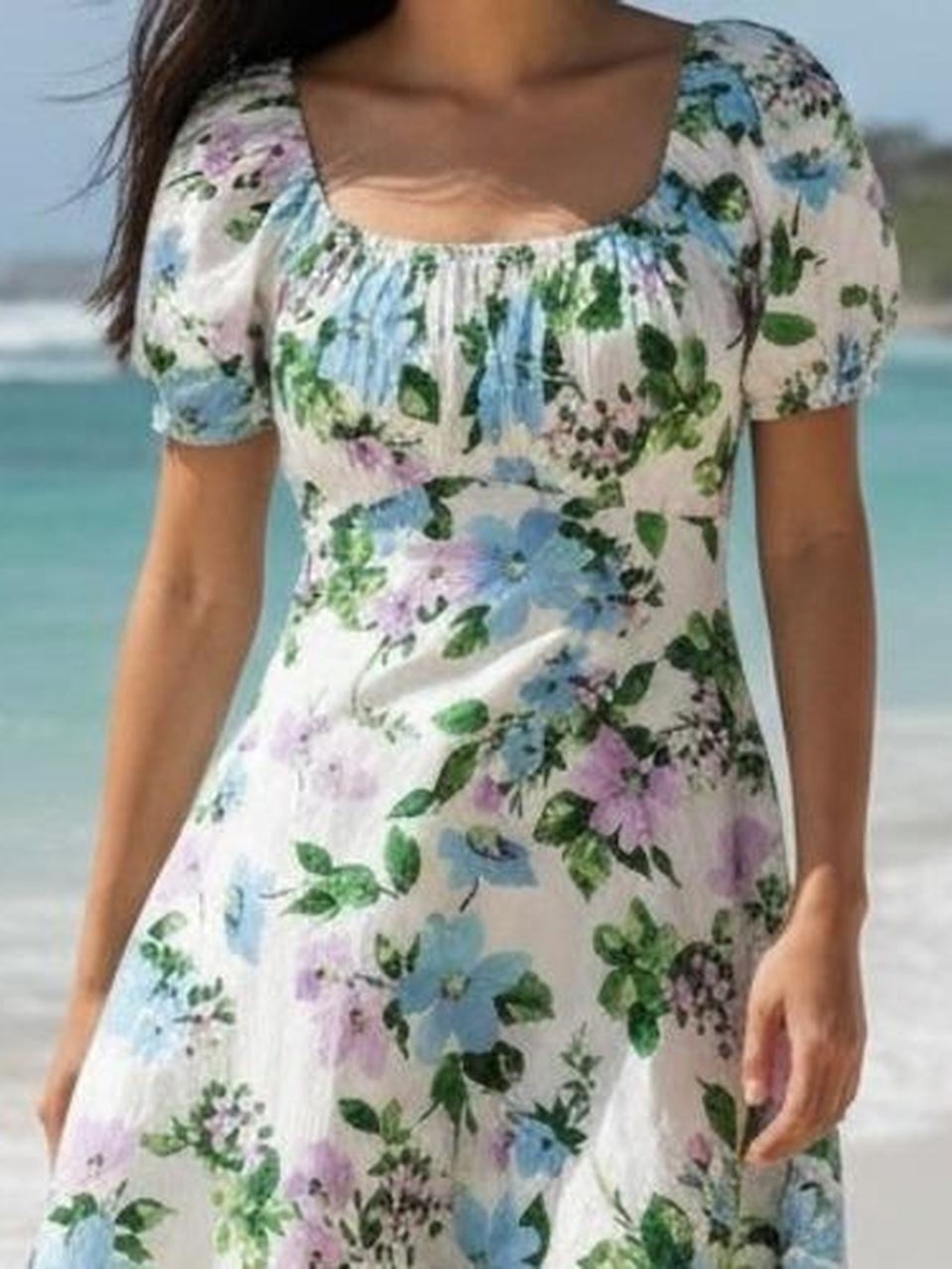 Old Navy White Floral V-Neck Casual Dress with Blue & Lavender Blooms